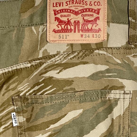 Levi’s 511 Slim Fit Jeans 34x30 Tiger Camo Green Brown Stretch Cotton Pants - Picture 6 of 10